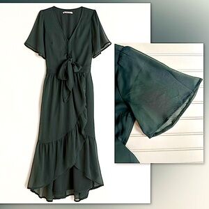 🌲Abercrombie & Fitch Tie-Front Ruffle Hem Midi Dress in Dark Green, M, NWT✨